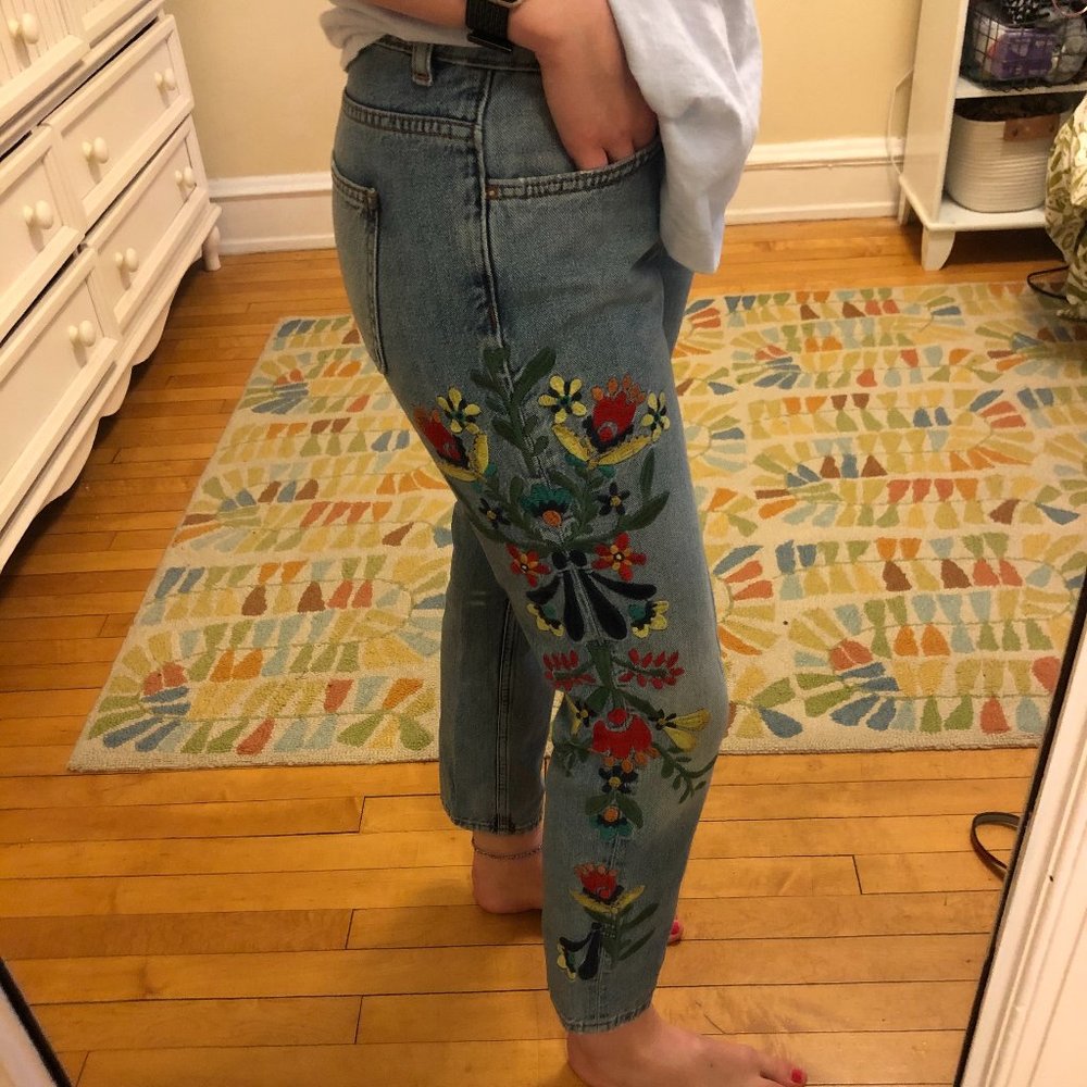 Zara Cigarette Crop Embroidered Denim